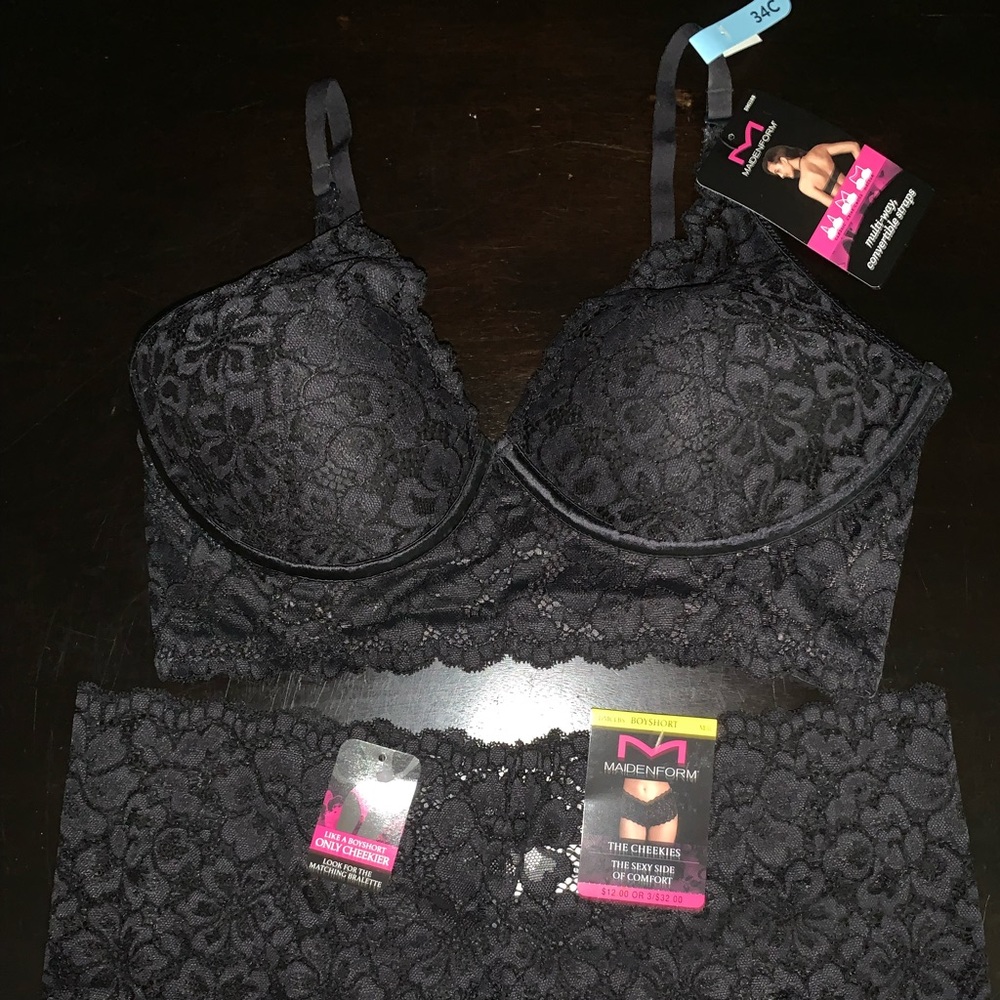 Maidenform black/beige lace Bras 34c multiway convertible Medium boy short sets